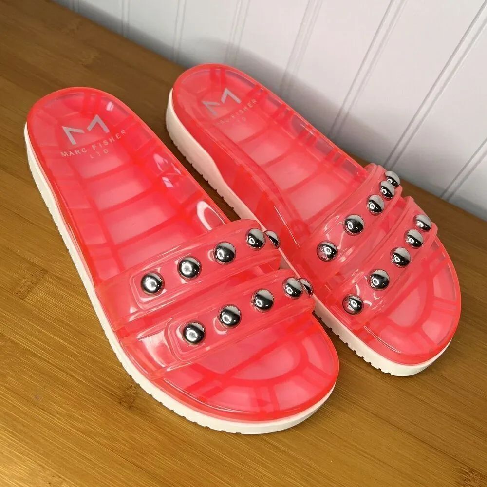MARC FISHER Women 7.5 PINK Plastic Jelly Studded Slides Slip-On  Sandals Shoes